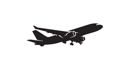vector illustration of Black vector silhouette of a large commercial jet aircraft climbing in the sky after takeoff for logistics and travel