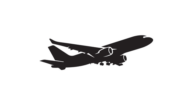 vector illustration of Sleek black silhouette of a passenger airplane taking off against a white background for travel and aviation concepts