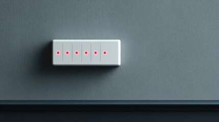 White rectangular light switch mounted on a gray wall. the switch is rectangular in shape and has six red dots arranged in a grid-like pattern.