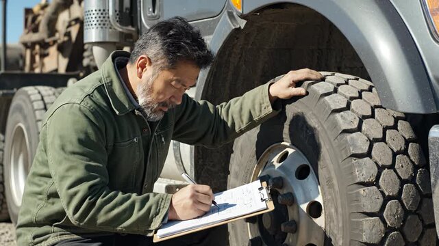 Man inspecting truck tire