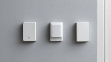 Three white wall-mounted light switches on a gray wall. the switches are rectangular in shape and appear to be made of plastic or a similar material.