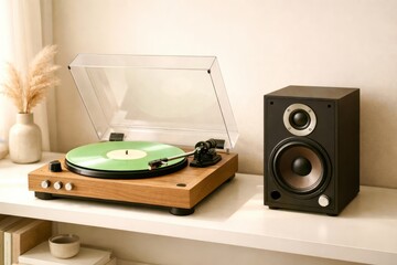 A turntable sits on a shelf next to a speaker