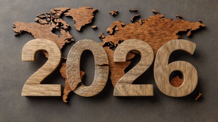 2026 numbers displayed on a wooden world map symbolizing global growth, market expansion, international development, economic trends, and long-term business strategy concept
