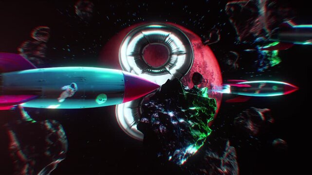 A cool abstract space themed background with a central rocket flying in front of a typographic number and other fun visual details including planets and floating asteroids. Part of a full set of 10 fo