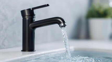 Modern bathroom sink with a black faucet. the sink is made of white marble and there is a potted plant on the right side of the image.