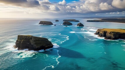 Serene ocean landscape with rugged cliffs and islands