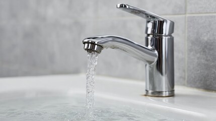 Modern bathroom sink with a chrome faucet. the sink is white and the water is flowing from the tap into the sink. the background is a gray tiled wall.