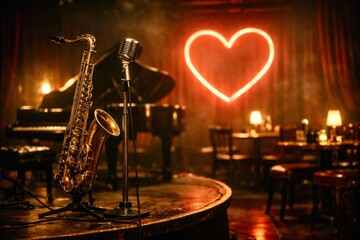 A saxophone and microphone are on a stage in front of a neon heart