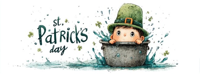 Cute leprechaun with green hat peeking from a cauldron splashing water, surrounded by shamrocks and St. Patrick's Day text Generative AI