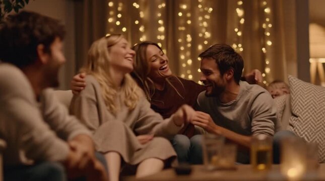 Joyful group of diverse friends sharing laughter and good times at a cozy evening social gathering with warm string lights creating a festive atmosphere