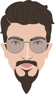 Stylish man portrait showcases classic van dyke beard, modern eyewear, detailed facial features, contemporary grooming.