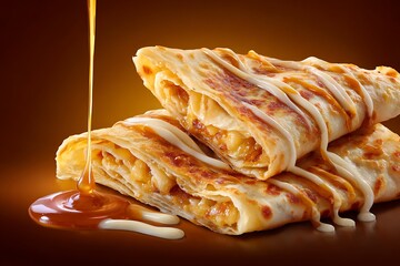 Delicious crepes drizzled with caramel sauce, a tempting dessert presented in a warm, inviting food photography style.