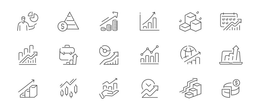 Chart, graph line icons set. Analytics, finance report, income growth, statistic symbols. Business infographics concept
