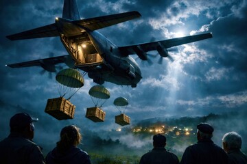 A group of people are watching a plane with parachutes coming out of it