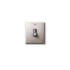 A silver light switch with a black handle