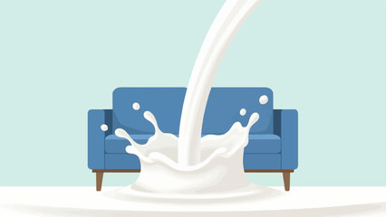 A splash of milk creates a mess on a blue couch in a light blue room