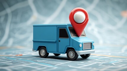 Blue delivery van with red location pin on top, driving over a stylized map background, symbolizing logistics, navigation, local package delivery, and urban transportation concepts