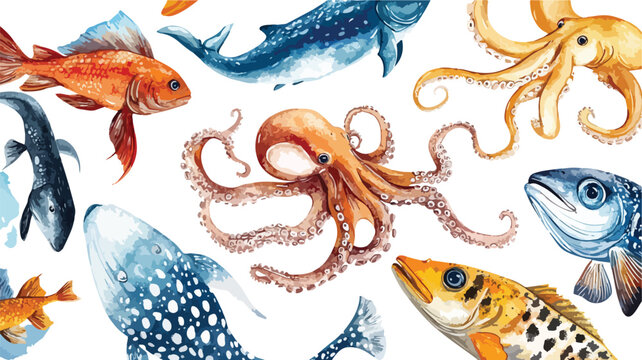 thoughtful Seamless pattern illustration of a colorful set of various fish and marine animals like crabs and shells in a tropical ocean water vector design