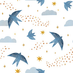 Birds seamless pattern design on white background. Hand drawn sky print with clouds and birds for fabrics, clothes, wallpaper, wrapping paper and baby clothes