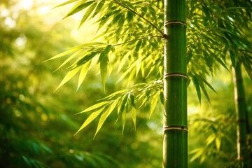 A tall green bamboo tree with leaves that are green and yellow