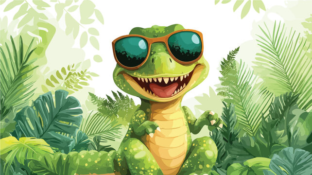 A cute green cartoon crocodile smiles in the jungle nature with a happy frog and turtle character illustration
