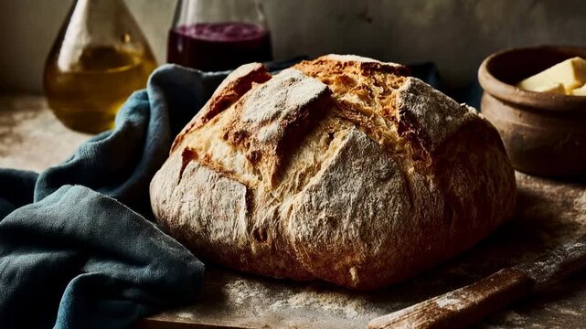 Freshly baked artisanal bread loaf rests on rustic table beside glass bottle and linen cloth in warm light evoking homemade bakery tradition comfort food and slow living kitchen atmosphere