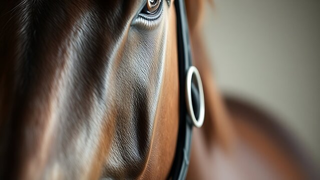 blinder. Extreme close-up view of a horse blinder, leather texture. wildlife magazines, conservation campaigns, designed for eco-tourism storytelling, used by graphic designers.
