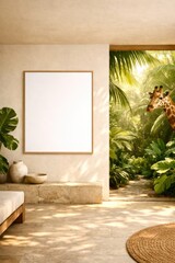 A white frame with a giraffe in the background