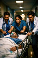 A group of doctors are lifting a patient onto a gurney