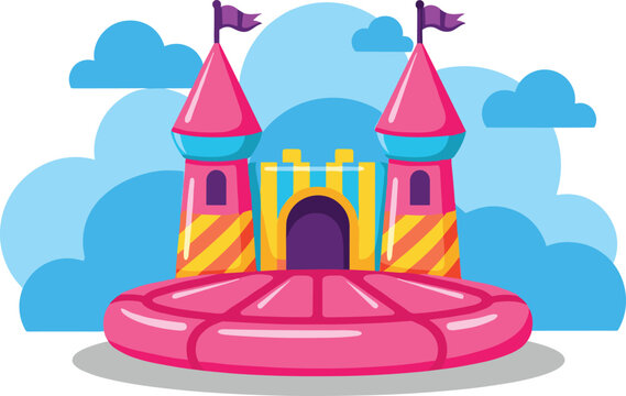 Pink inflatable bouncy castle with towers and flags against blue sky clouds background, cad drawing flat vector illustration for children playground concept