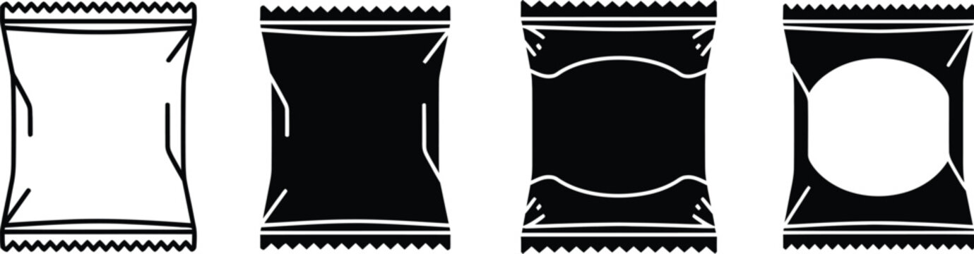 Snack bags or sachets. Chip bag snack wrapper vector icon silhouette. 