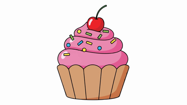 A stylized cartoon cupcake with pink frosting and colorful sprinkles, topped with a red cherry