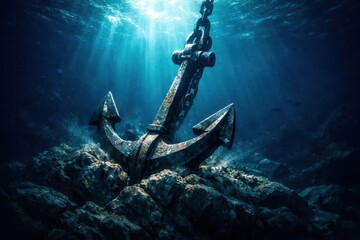 A rusty anchor is sitting on a rock in the ocean