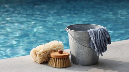 Metal bucket with a blue towel hanging on the handle next to a swimming pool. the bucket is placed on a concrete surface near the edge of the pool, with the water visible in the background.