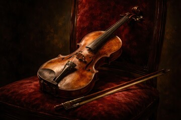 A violin is sitting on a red chair