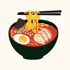 Asian flat vector food, ramen in bowl, flat illustration, chopsticks holding ramen noodle