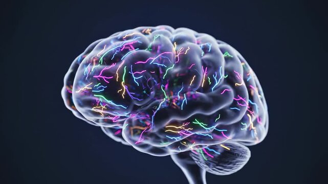 Human brain with colorful neural pathways