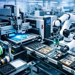 A robot is working on a circuit board