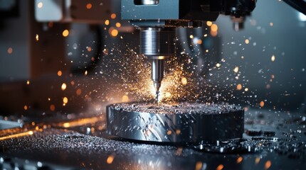 Modern milling machine processing metal workpiece, creating sparks and small metal particles flying around, showcasing innovative production techniques in metalworking industry