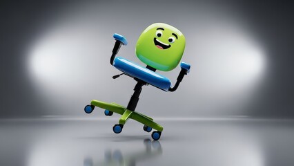 A cartoonish office chair smiling and floating against a neutral gray backdrop