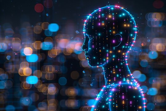 Glowing digital silhouette of a human with binary code and thumbprint on a dark synthwave backdrop - Powered by Adobe