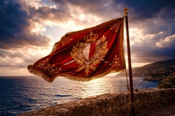 A red flag with a crown on it is flying over the ocean