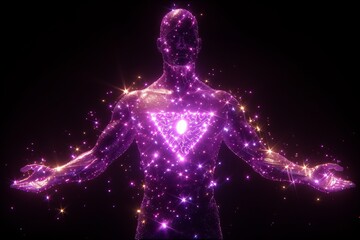 Glowing digital silhouette of binary code and circuits with thumbprint in synthwave colors on dark