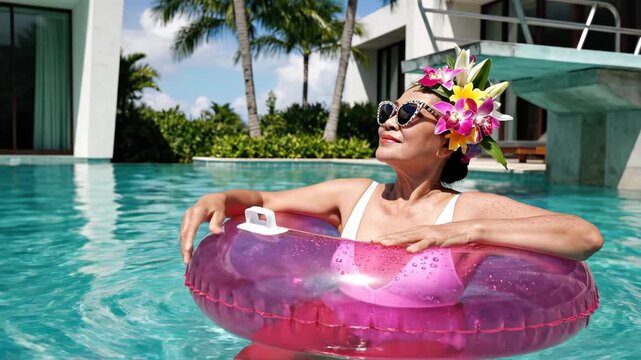 Woman relaxing in pool with float
