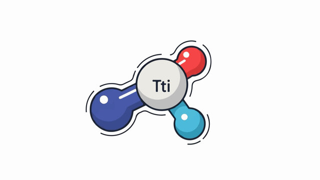 A stylized molecular structure with a central gray sphere labeled "Tti" connected to three colored spheres