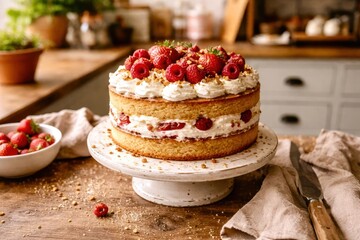 A white cake with strawberries and cream on top sits on a white cake stand