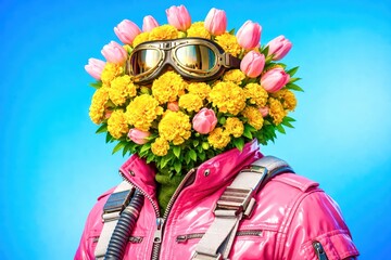 A man is wearing a pink jacket and has a flower on his head