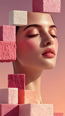 Artistic beauty portrait of woman with glowing skin and abstract pink cubes in minimalist composition.
