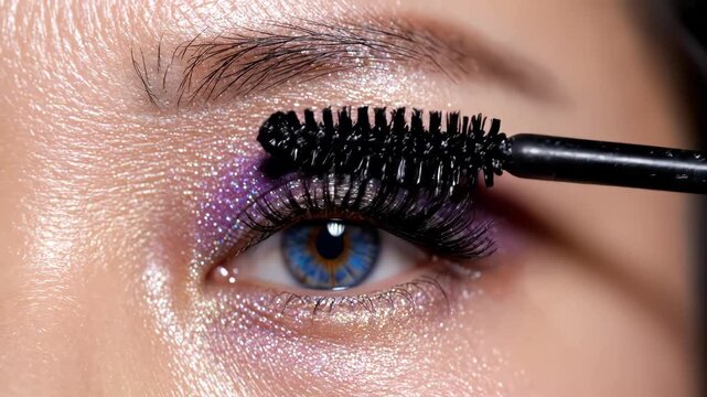 Closeup of eye with colorful makeup and mascara