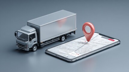 Silver delivery truck parked beside smartphone showing digital map with red location pin, symbolizing modern logistics, online order tracking, and efficient shipping solutions on transparent backgroun